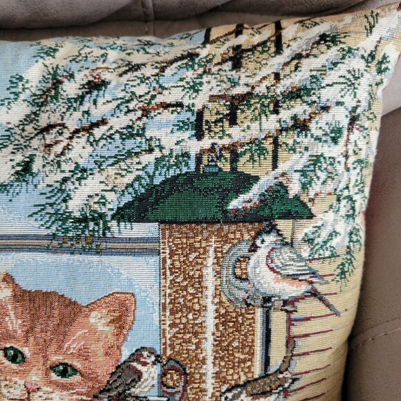 Decorative Riverdale Tapestry Pillow Cat & Birds Winter Scene 16x16 Inch - Picture 2 of 7